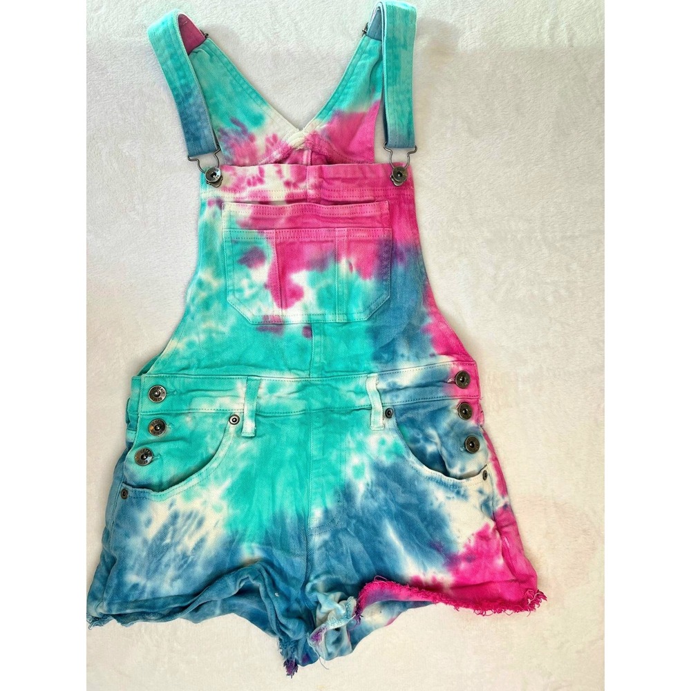 Y2K Retro HT Denim Tie Dye Shortall Overalls XS Pink Turquoise Festival Cute